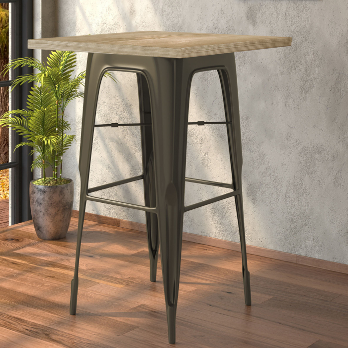 CALIFORNIA | Tavolo alto in stile Tolix | L:P:A 60 x 60 x 106 cm | Rovere e ruggine | Quadrato