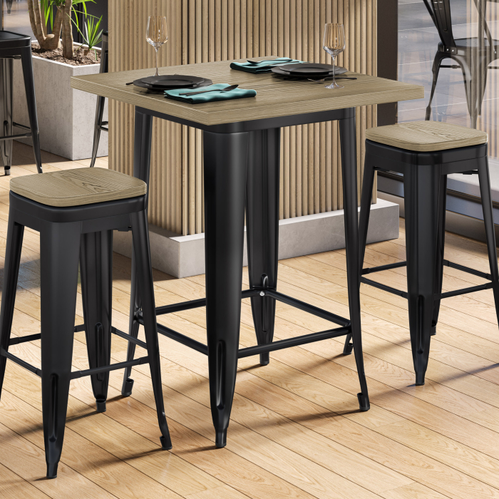CALIFORNIA | Mesa alta estilo Tolix | B:T:H 60 x 60 x 106 cm | Roble y negro | Cuadrada
