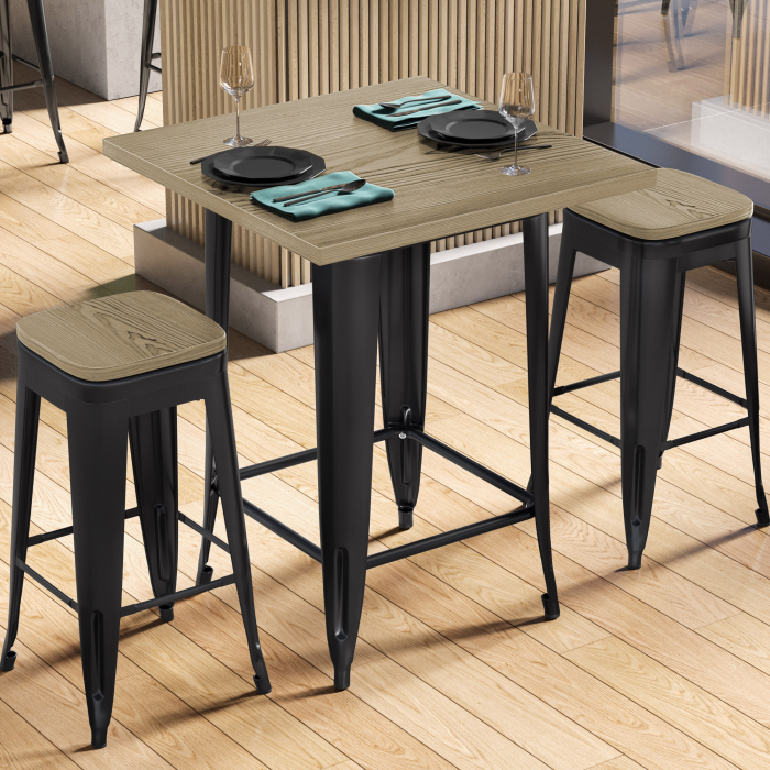 CALIFORNIA | Mesa alta estilo Tolix | B:T:H 60 x 60 x 106 cm | Roble y negro | Cuadrada