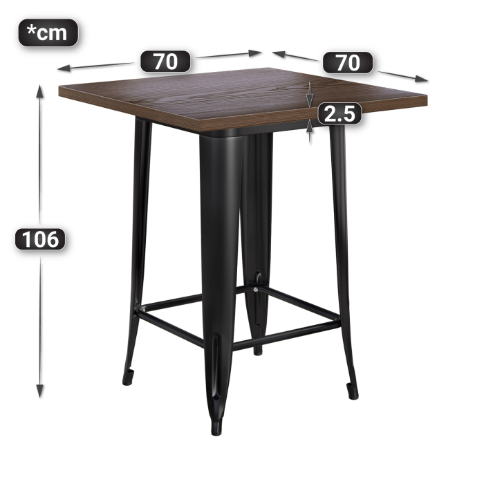 CALIFORNIA | Tolix-tyylinen baaripöytä | L:S:K 70 x 70 x 106 cm | Wenge ja musta | Neliö