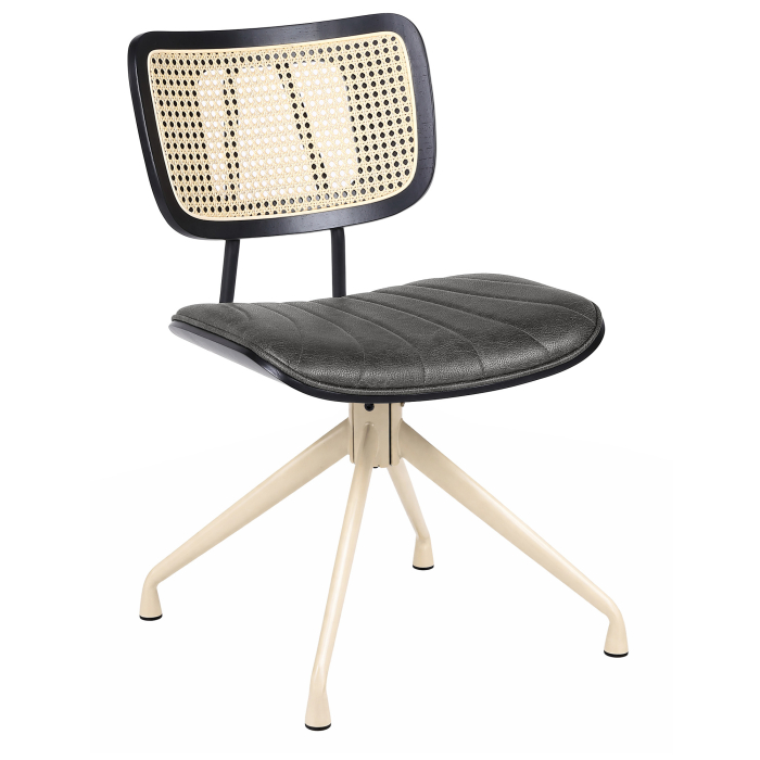 Valérie | Chaise de bistrot | Noir | Cuir | Chêne rotin | Piètement pivotant blanc