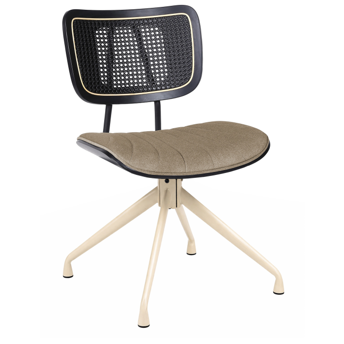 Valérie | Chaise de bistrot | Taupe | Velours | Rotin noir | Piètement pivotant blanc