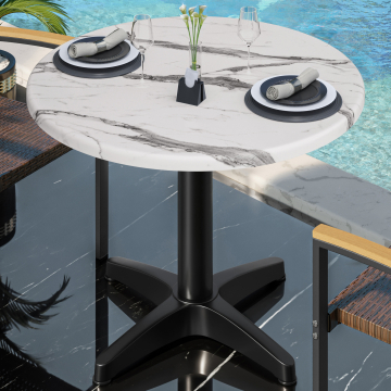 WBC | Bistro Außen Tisch | Ø:H 60 x 80,5 cm | Weiß Marmor / Schwarz | Rund