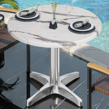 WBC | Bistro Außen Tisch | Ø:H 70 x 80,5 cm | Weiß Marmor / Aluminium | Rund