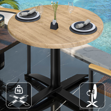 WTG | Bistro Außen Tisch | Ø:H 70 x 75,5 cm | Eiche / Schwarz | Rund | Klappbar + Zusatzgewicht