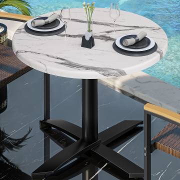 WTG | Bistro Außen Tisch | Ø:H 70 x 75,5 cm | Weiß Marmor / Schwarz | Rund